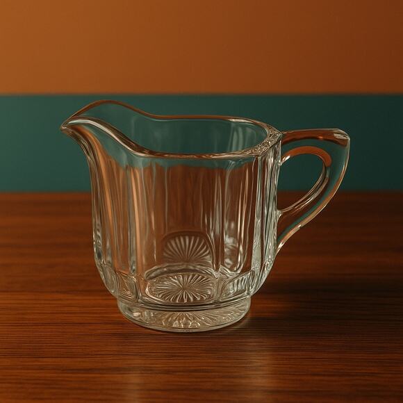 Vintage Heavy Pressed Glass Creamer 8oz Starburst Base Clear Table Pitcher - Picture 1 of 6